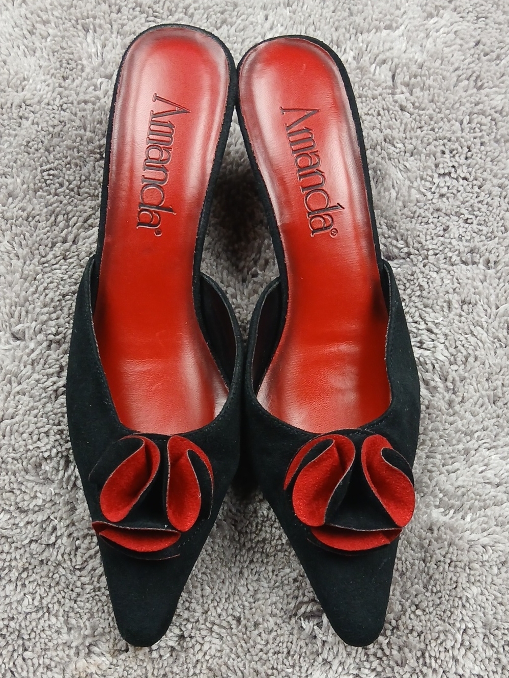 Amanda Piourette Black Red Floral Pointed Toe Kitten Heel Mules 7.5M